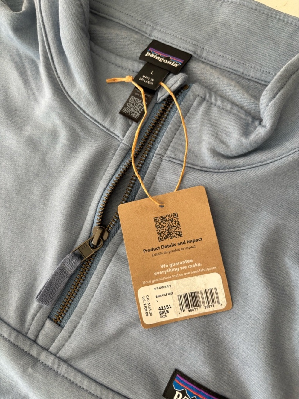 Patagonia Ahnya 1/4 Zip Pullover Large NWT Cozy Organic Cotton Blend Blue - Picture 4 of 6